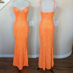 Neon Orange Sequined Formal Prom Homecoming Evening Mermaid Dress 2